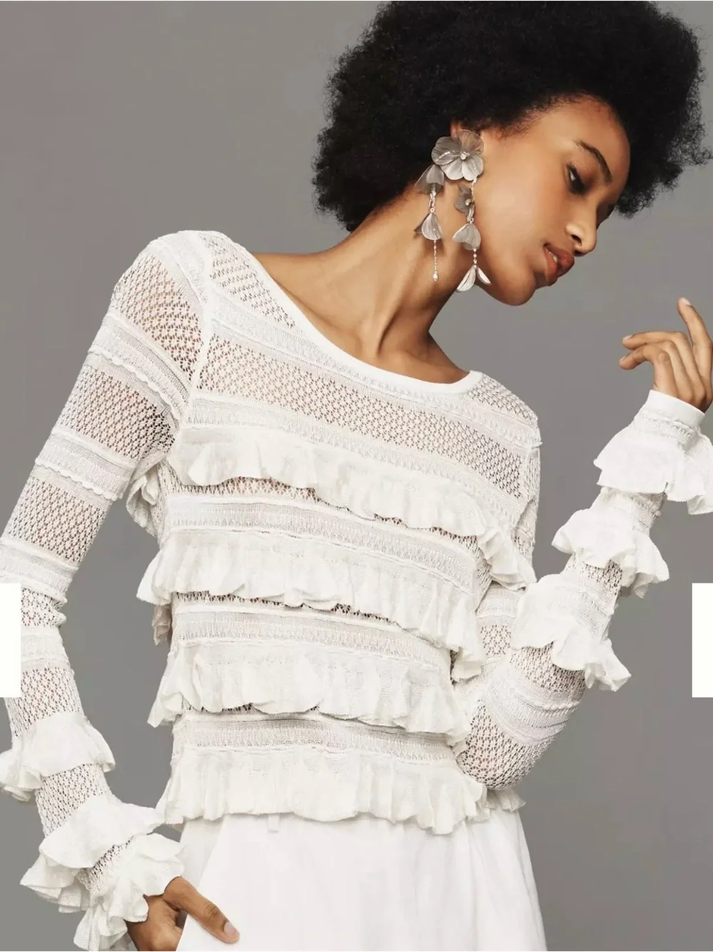 By Anthropologie Ruffle Long-Sleeve Jumper White Blouse Size Medium